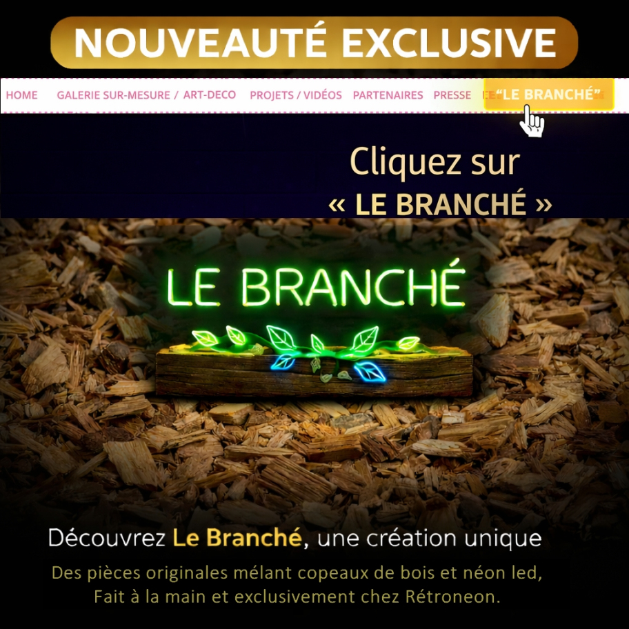Le Branché incrustée dans des copeaux de bois, création artisanale RetroNeon